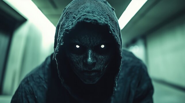Hooded creature with glowing eyes in a dark corridor