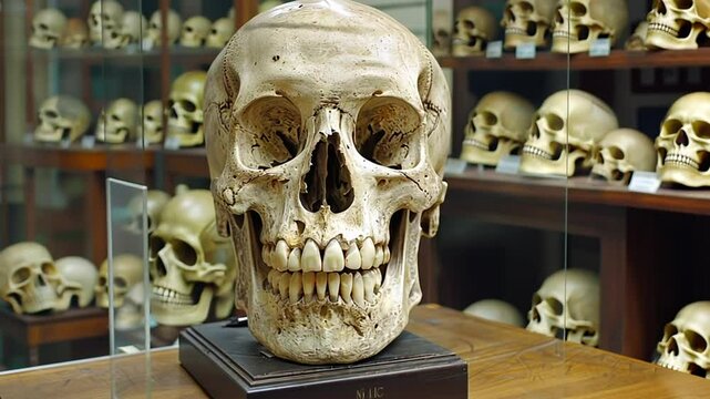 In a museum collection, a single human skull is prominently featured on a stand, surrounded by numerous other skulls, highlighting their intricate structures and variations