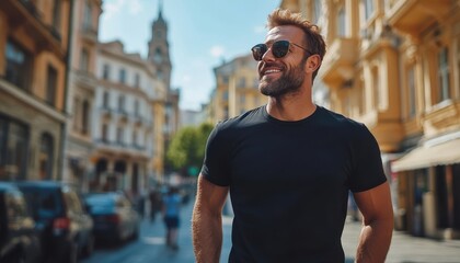 Male model in black cotton T-shirt enjoying a sunny day on a city street