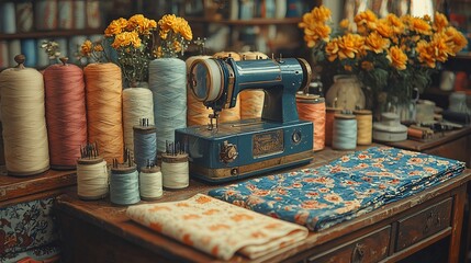 Vintage Sewing Machine and Colorful Threads Display