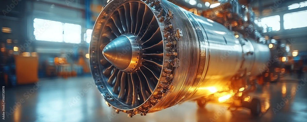 Poster close-up of a jet engine with blurry background