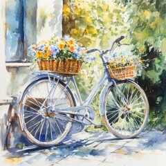 Fototapeta premium Vintage bicycle adorned with colorful flowers in a sunny outdoor setting.
