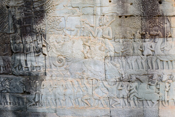 Bas-relief Sculpture at Bayon temple in Angkor Thom, Siem Reap, Cambodia.