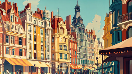 Obraz premium Lille, France, french vintage Art Nouveau & Art Deco travel poster template. Cityscape and city skyline.Classic La Belle Epoque vichy art. Clear, simple, trendy