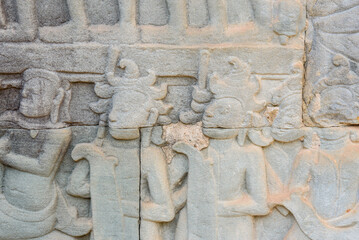 Obraz premium Bas-relief Sculpture at Bayon temple in Angkor Thom, Siem Reap, Cambodia.