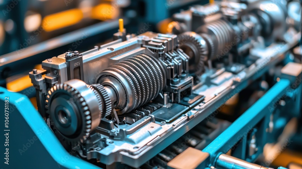 Poster close-up of a complex gear system in a metal machine
