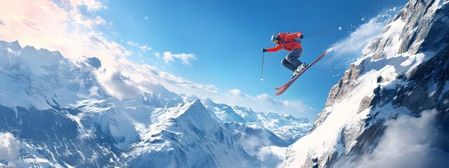 A skier in mid-air, leaping off an icy cliff with snow-covered mountains and blue sky behind them