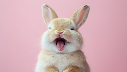 Obraz premium Cute white rabbit smiling joyfully with a pink background for Easter celebration