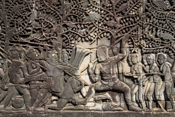 Bas-relief Sculpture at Bayon temple in Angkor Thom, Siem Reap, Cambodia.