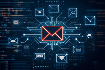 digital representation of email communication with glowing icons and connections, symbolizing technology and security in messaging