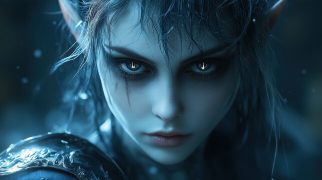 Dark elf warrior with glowing eyes in blue armor