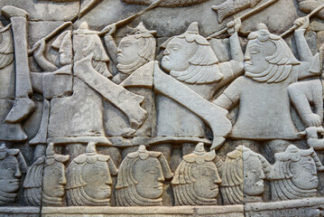 Bas-relief Sculpture at Bayon temple in Angkor Thom, Siem Reap, Cambodia.