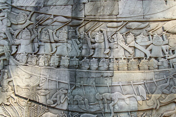 Bas-relief Sculpture at Bayon temple in Angkor Thom, Siem Reap, Cambodia.