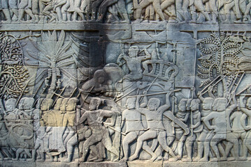 Bas-relief Sculpture at Bayon temple in Angkor Thom, Siem Reap, Cambodia.