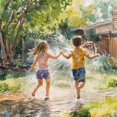 Fototapeta premium Children play joyfully, splashing water in a sunny backyard.