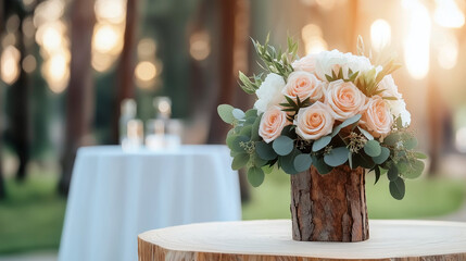 Fototapeta premium beautiful floral arrangement featuring soft pink roses and greenery in rustic wooden vase, set against serene outdoor backdrop. warm sunlight enhances romantic atmosphere
