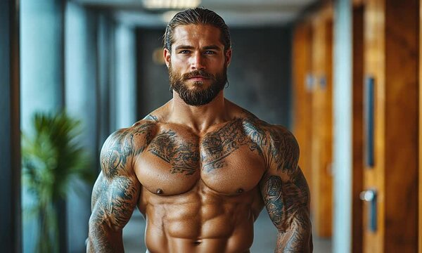 A muscular man with tattoos poses confidently in a hallway.
