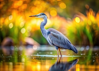 Naklejka premium Tilt-shift photography transforms a grey heron into a miniature world, blurring the lines between reality and fantasy.