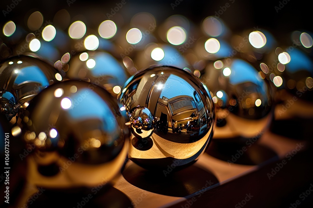 Poster Close-Up of Shiny, Reflective Spherical Objects with Blurry Background