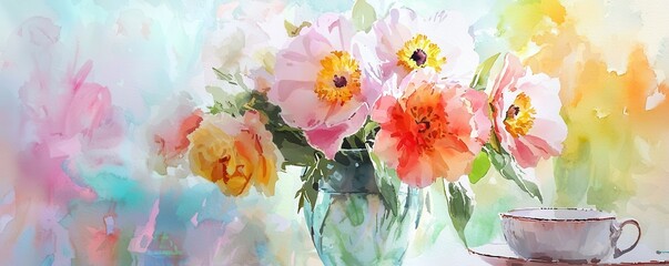 Colorful bouquet of flowers in a vase beside a teacup, artistic watercolor style.