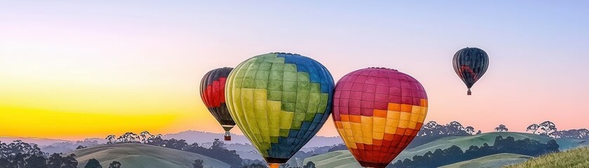 Obraz premium Colorful hot air balloons flying over scenic landscape at sunset.