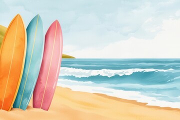 Colorful surfboards on a sandy beach with ocean waves in the background.