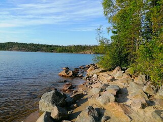 View of Lake Ladoga from the shore of rocky islands