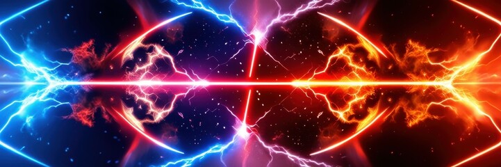 Obraz premium Electrical energy clash, fiery orange vs icy blue lightning, abstract background, intense power struggle, electrifying forces collide, dynamic plasma tendrils, cosmic energy battle, high contrast, vib