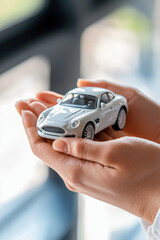 Fototapeta premium protective hands holding miniature car, concept of car insurance