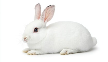 Obraz premium Cute white rabbit resting quietly on a clean, isolated background for creative use