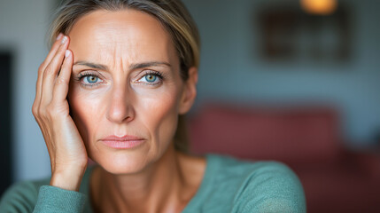 Fototapeta premium close up portrait of sad middle aged woman with thoughtful expression, showing deep emotions and concern. Her hand rests on her face, reflecting her feelings