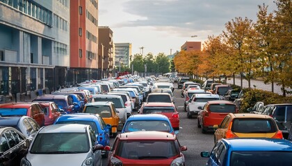 Colorful array of cars parked in a busy urban lot