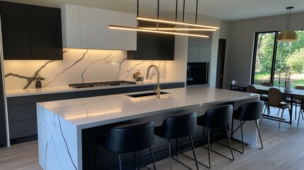 Trendy grey modern kitchen interior showcase with minimalistic furniture and led lights