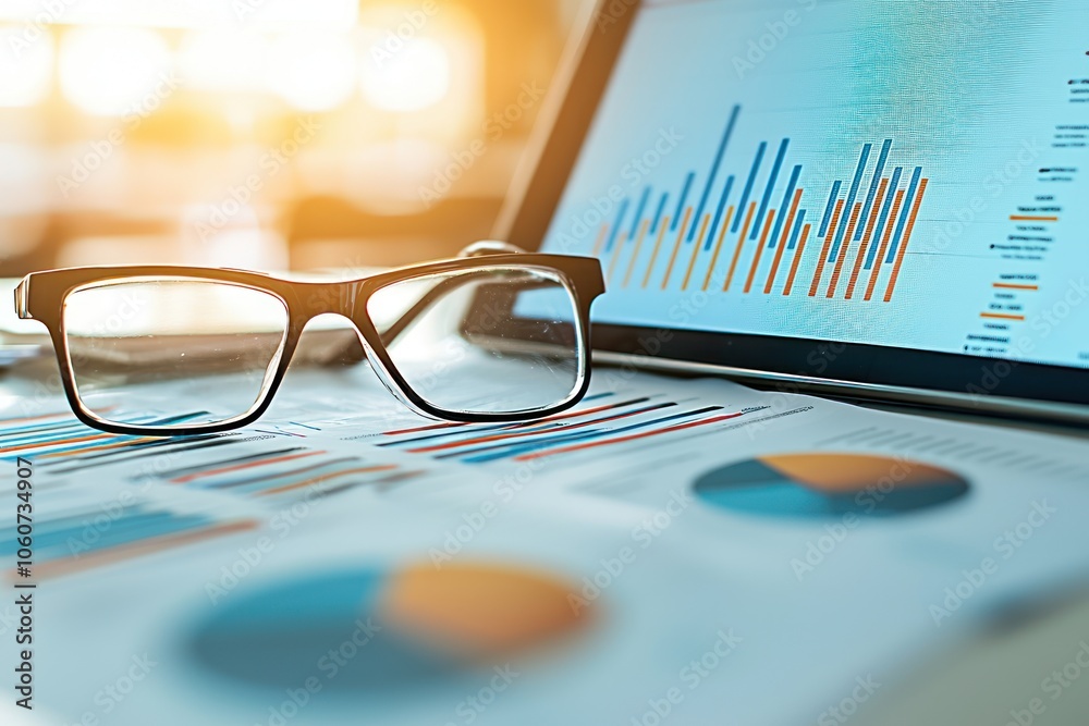 Aufkleber A Pair of Eyeglasses Resting on Charts and a Laptop Displaying a Bar Graph