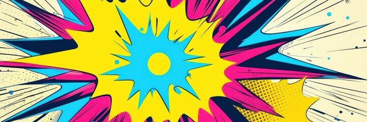 Colorful explosion, vibrant starburst pattern, retro comic book style, dynamic rays, yellow center, neon colors, pink background, pop art aesthetic, graphic design, high contrast, energetic compositio