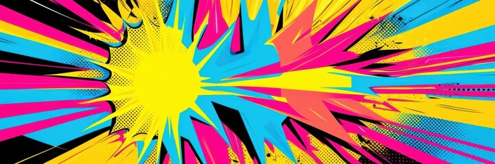 Colorful explosion, vibrant starburst pattern, retro comic book style, dynamic rays, yellow center, neon colors, pink background, pop art aesthetic, graphic design, high contrast, energetic compositio
