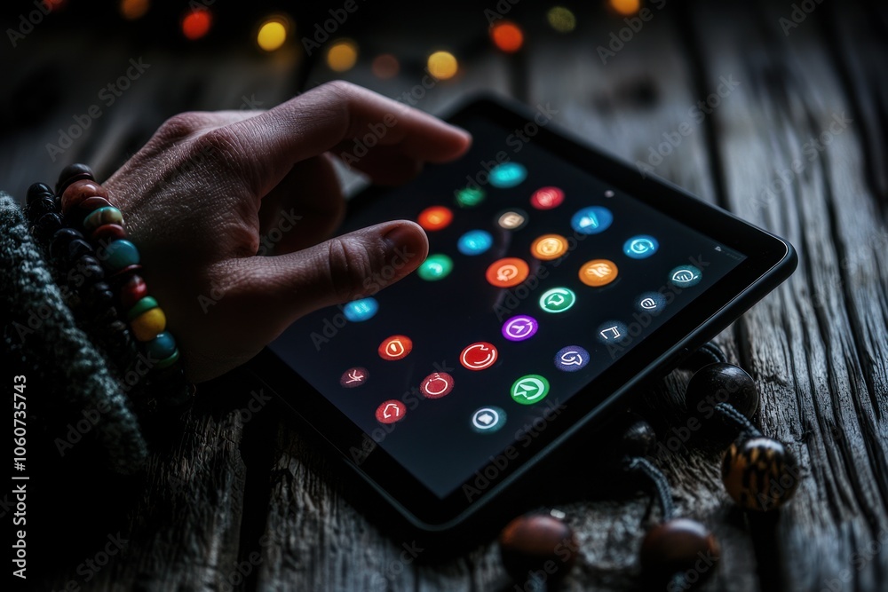 Aufkleber Hand Interacting with a Tablet Displayed with Colorful Icons
