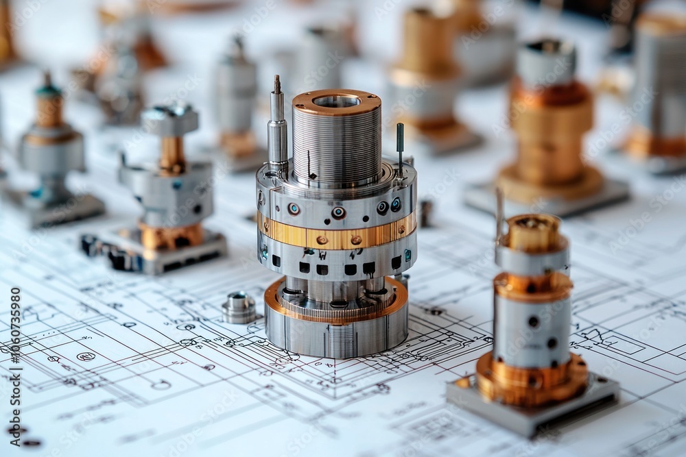 Poster Close-up of a Complex Metallic Component on a Technical Drawing