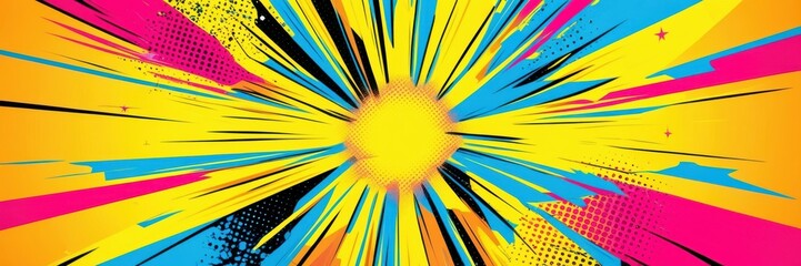 Fototapeta premium Colorful explosion, vibrant starburst pattern, retro comic book style, dynamic rays, yellow center, neon colors, pink background, pop art aesthetic, graphic design, high contrast, energetic compositio