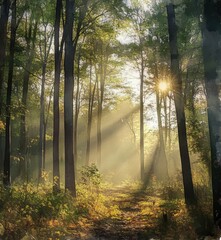 Fototapeta premium Sunlight filtering through trees in a serene forest landscape.