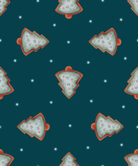 Christmas seamless pattern with gingerbread cookie and christmas tree