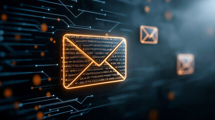 Glowing digital mail icon representing email encryption and communication. image features illuminated envelopes against dark, tech inspired background