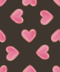 Romantic Watercolor Seamless Pattern, Heart-Shaped Gingerbread Cookies, Biscuits,  Valentine's Day and Weddings, Featuring Delicate Textures and a Soft Artistic Touch