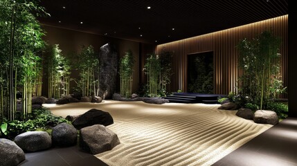 Tranquil indoor sanctuary, a room transformed by majestic rock and bamboo tree, creating natural, zeninspired oasis for relaxation meditation