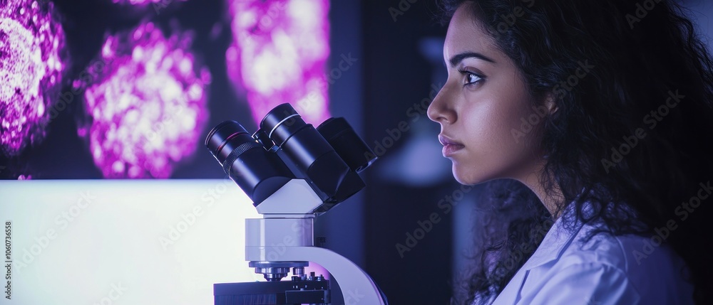 Poster woman intently observing a slide through a microscope