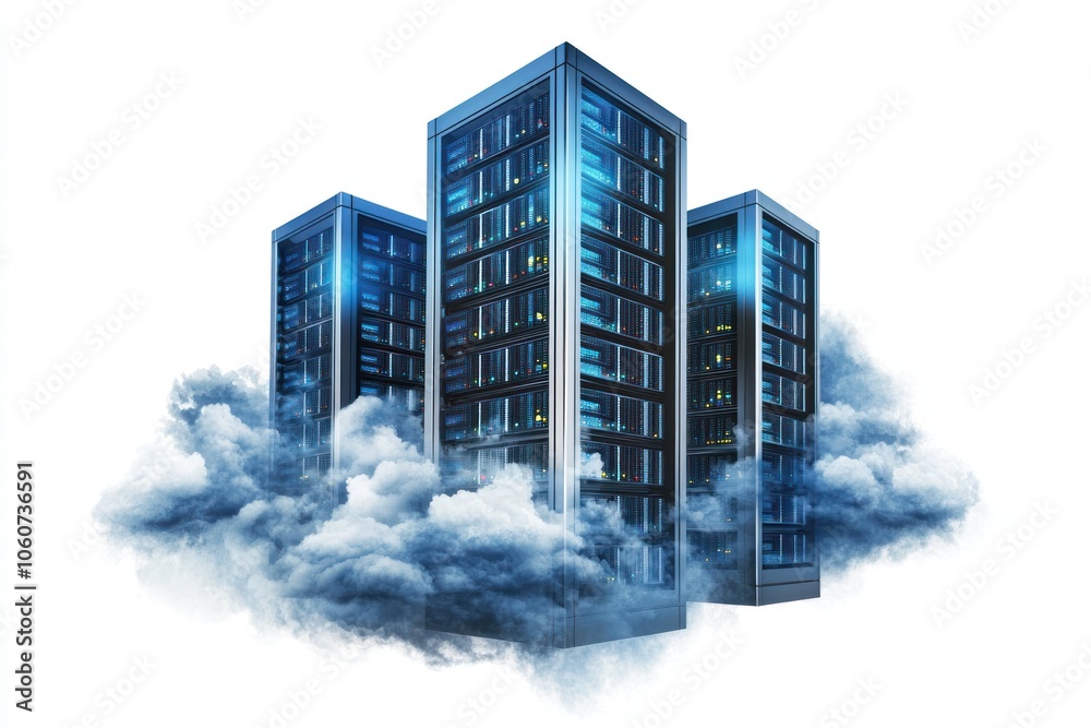 Poster Server Racks Emerging from the Clouds, Representing Cloud Computing