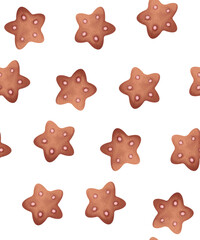 Seamless Gingerbread Cookie Pattern, Star-Shaped Gingerbread Cookies, Biscuits in a Delicate Watercolor Style, Ideal for Holiday Designs with Visible Texture, Christmas, new year