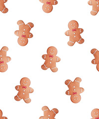 Seamless Christmas Cookie Pattern: Festive Gingerbread Cookies, Sweet Biscuits, Berries, and Gift Elements in Watercolor. Perfect for Wrapping Paper, Children's Goods, and Holiday Treats