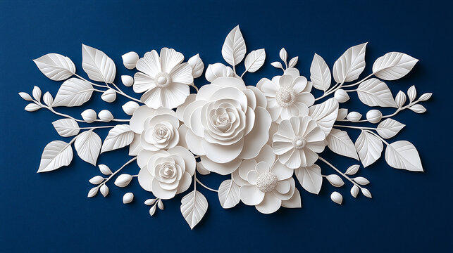 beautiful hand drawn white floral pattern on navy blue background, featuring intricate roses, leaves, and blossoms, creating serene and elegant design