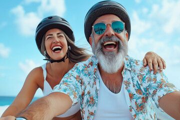 Happy senior couple enjoying bicycle ride along coastal road, smiling and wearing helmets. bright sky and ocean create joyful atmosphere